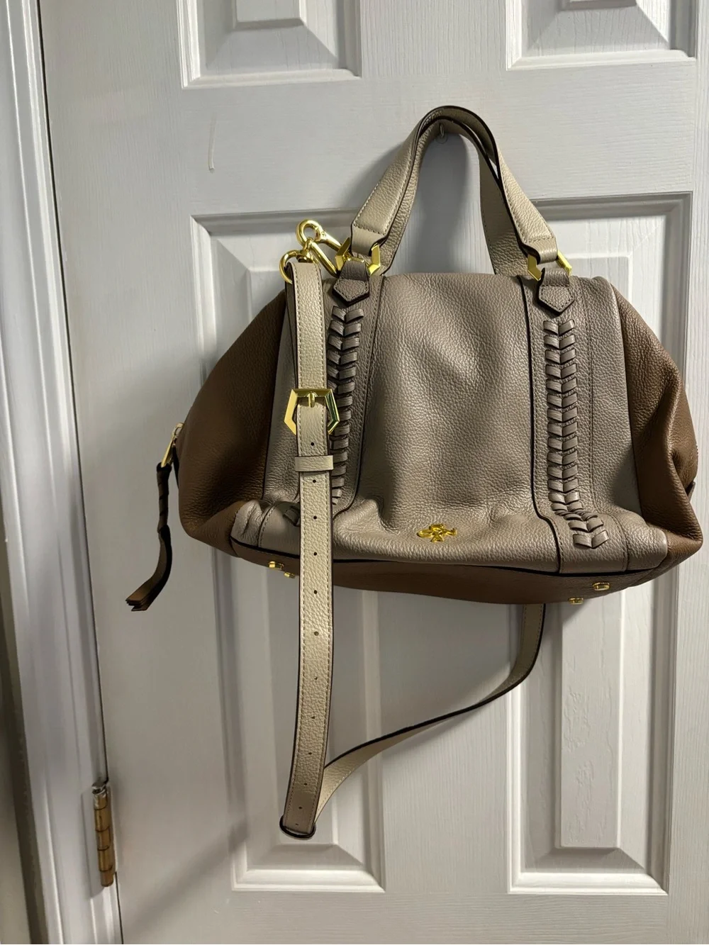 Oryany Tri-Color Pebbled Leather Satchel Crossbody Bag Taupe Tan Cream EUC - Picture 3 of 9